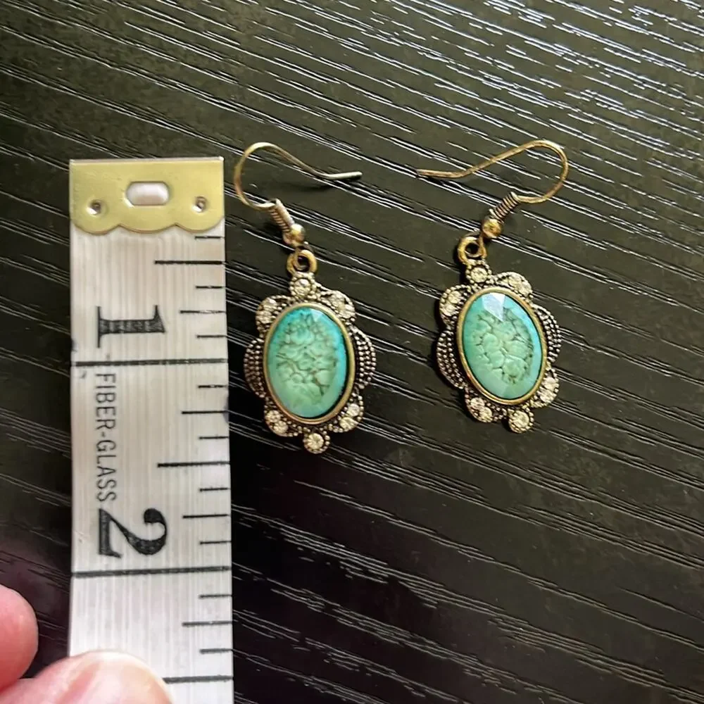 Victorian Antique Gold Filigree Earrings with Turquoise Moss Agate-style Stones